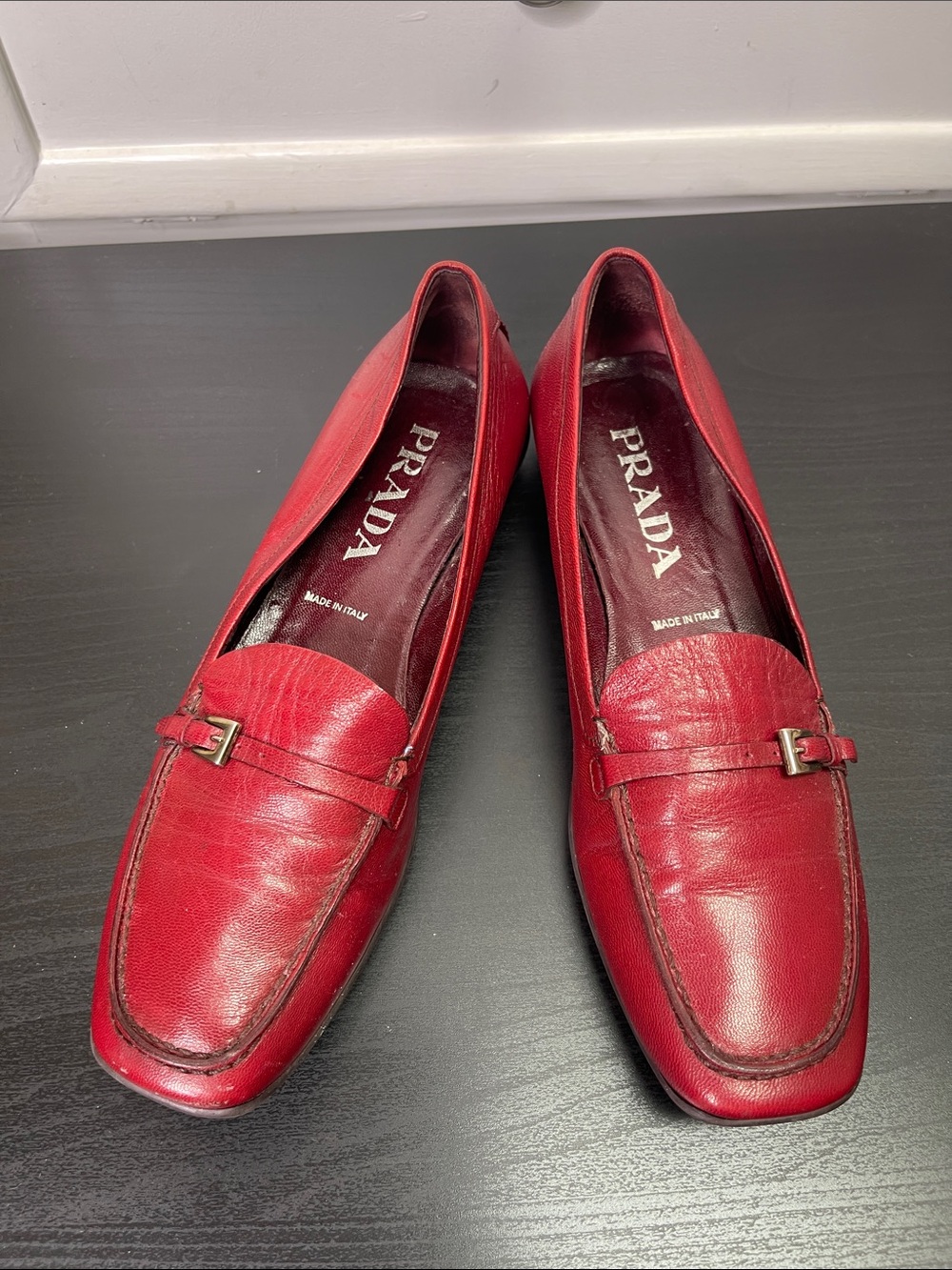 Prada Burgundy Leather Loafers Women EU 37 Slip-On Flats Old Money Luxe Italy